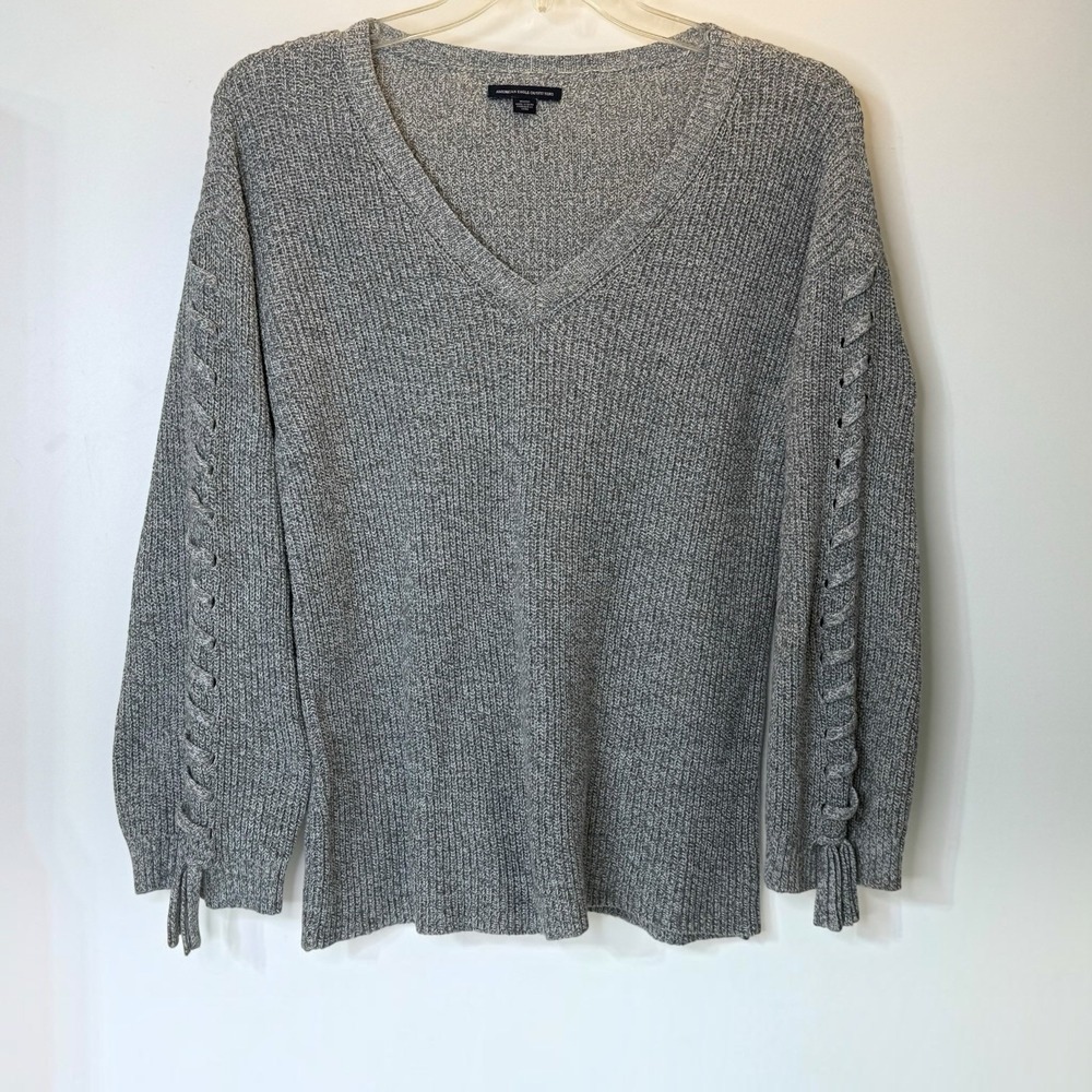 American Eagle Outfitters Gray V-Neck Knit Sweater Braided Sleeves Womens M